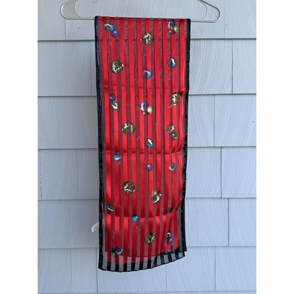 Liz Claiborne Scarf Vintage Christmas Balls Sheer Stripes Holiday Red Ornaments